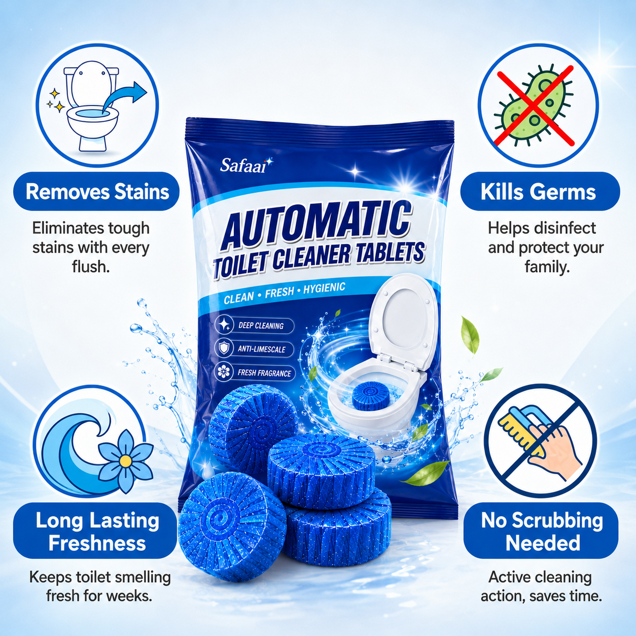 Safaai Automatic Toilet Cleaner Tablets (10 pcs) – Blue Bubble Fresh Cleaning