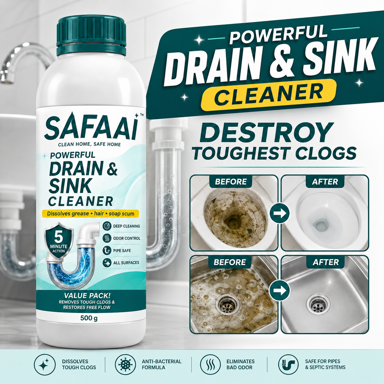 SAFAAI SANITIZO POWERFUL DRAIN & SINK CLEANER POWDER (PACK OF 4)