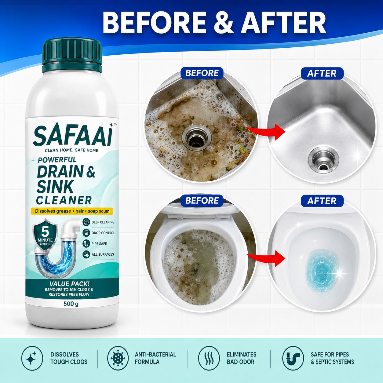 SAFAAI SANITIZO POWERFUL DRAIN & SINK CLEANER POWDER (PACK OF 4)