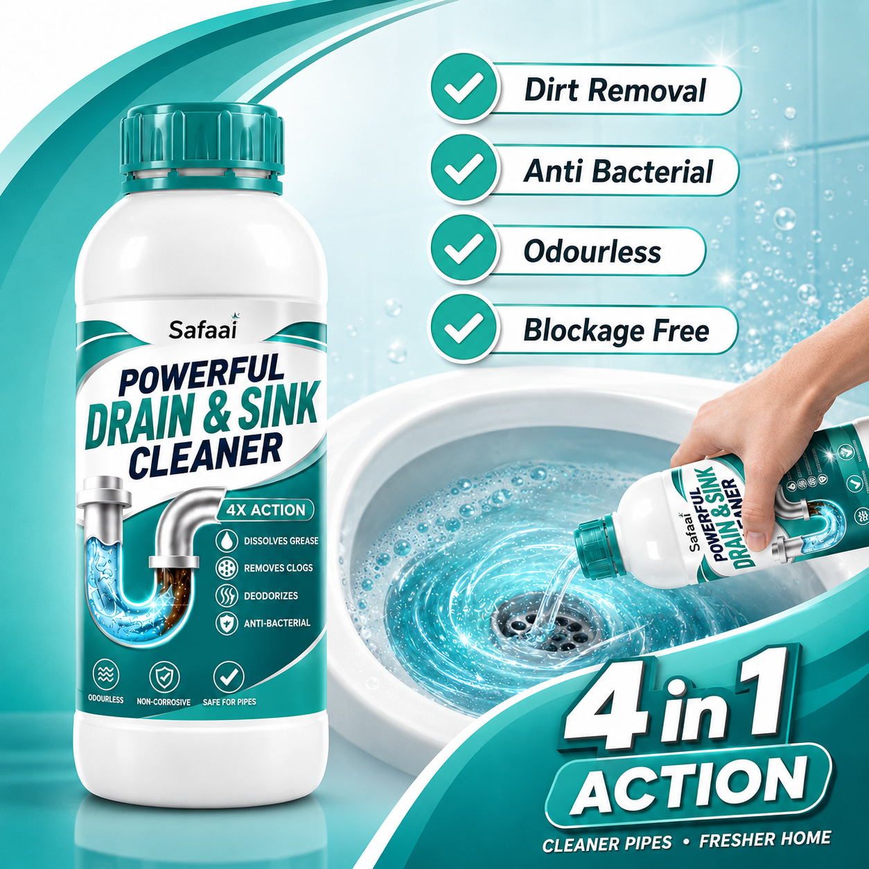Safaai Drain & Sink Cleaner — Cleaner Pipes  Fresher Home (Pack of 4)