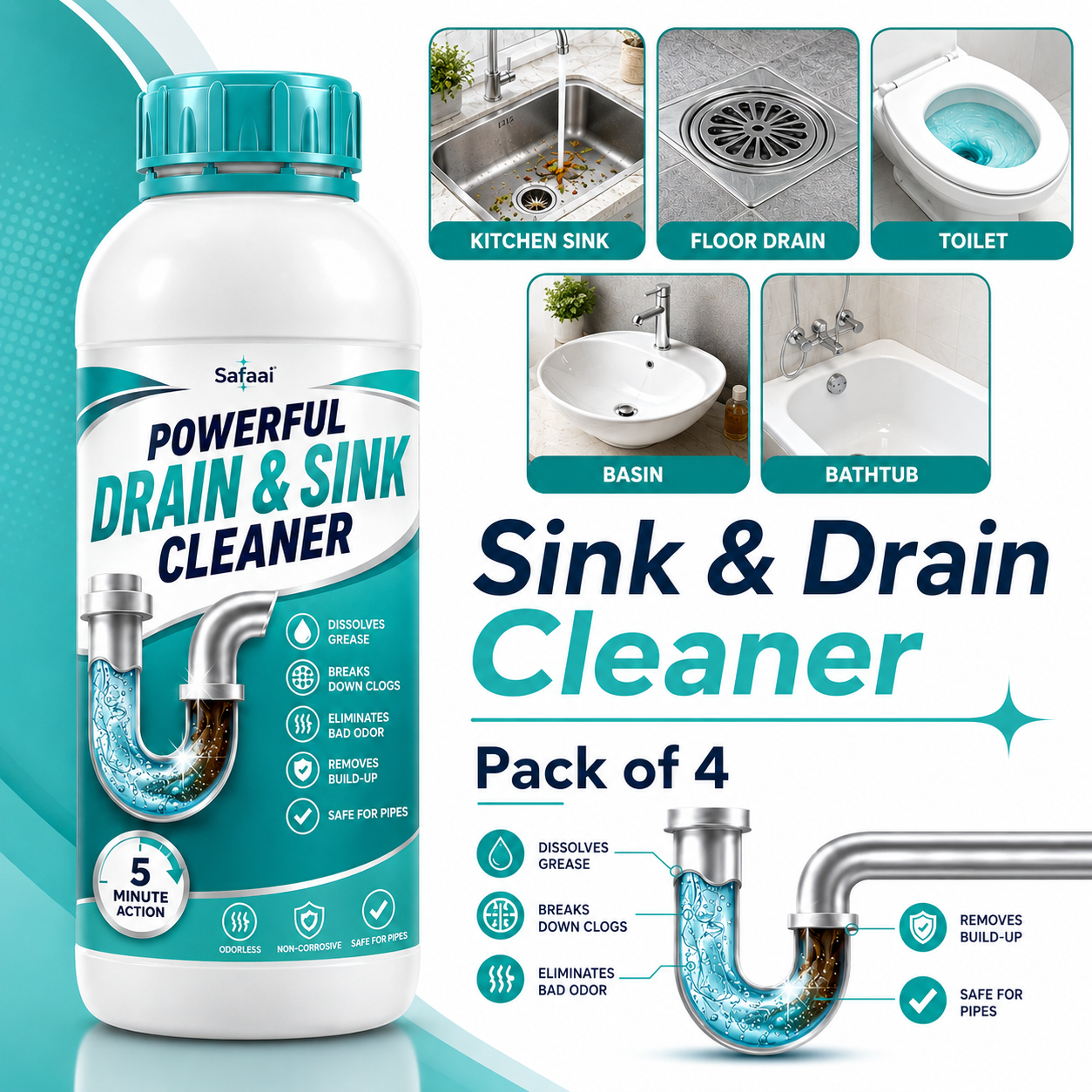 Safaai Drain & Sink Cleaner — Cleaner Pipes  Fresher Home (Pack of 4)