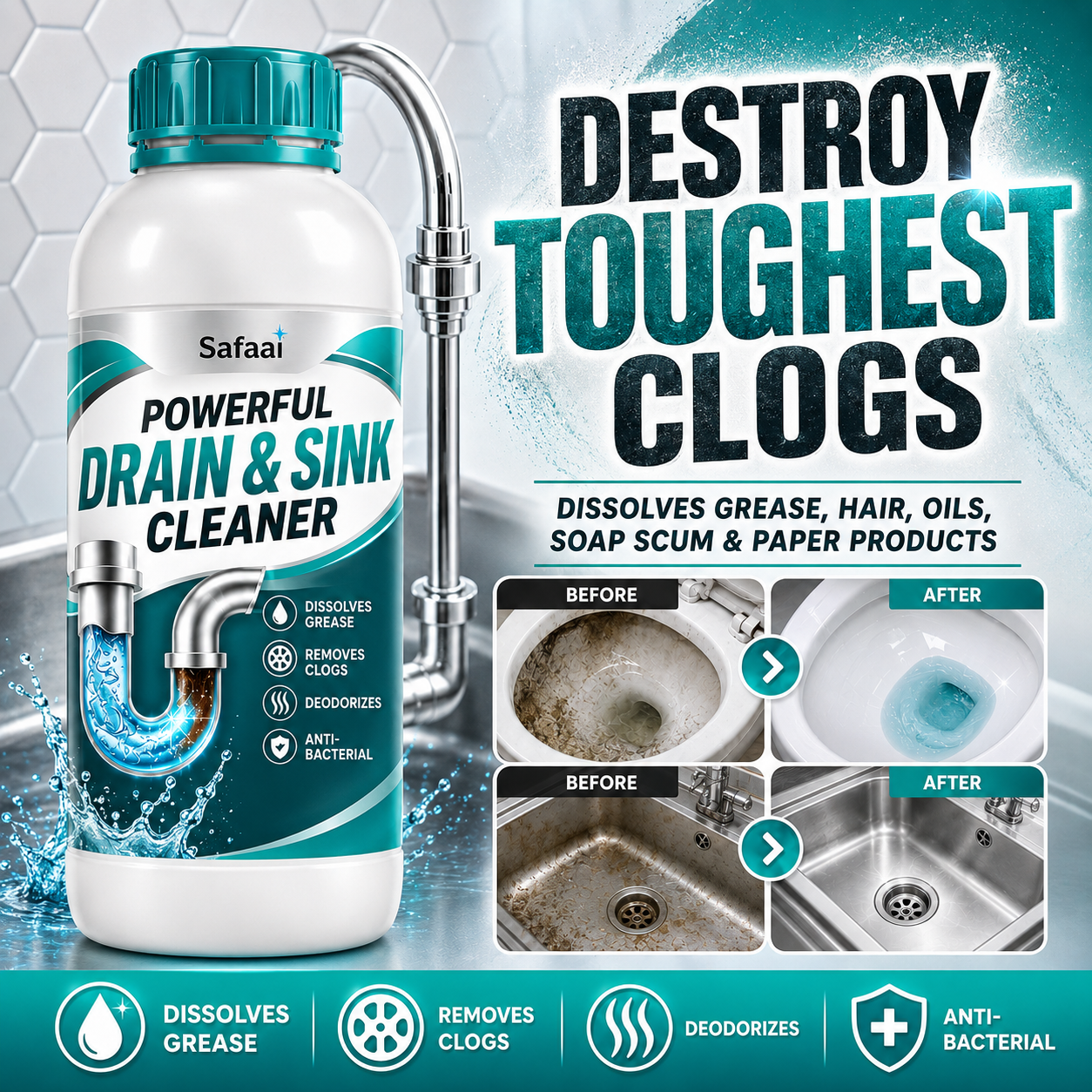 Safaai Drain & Sink Cleaner — Cleaner Pipes  Fresher Home (Pack of 4)