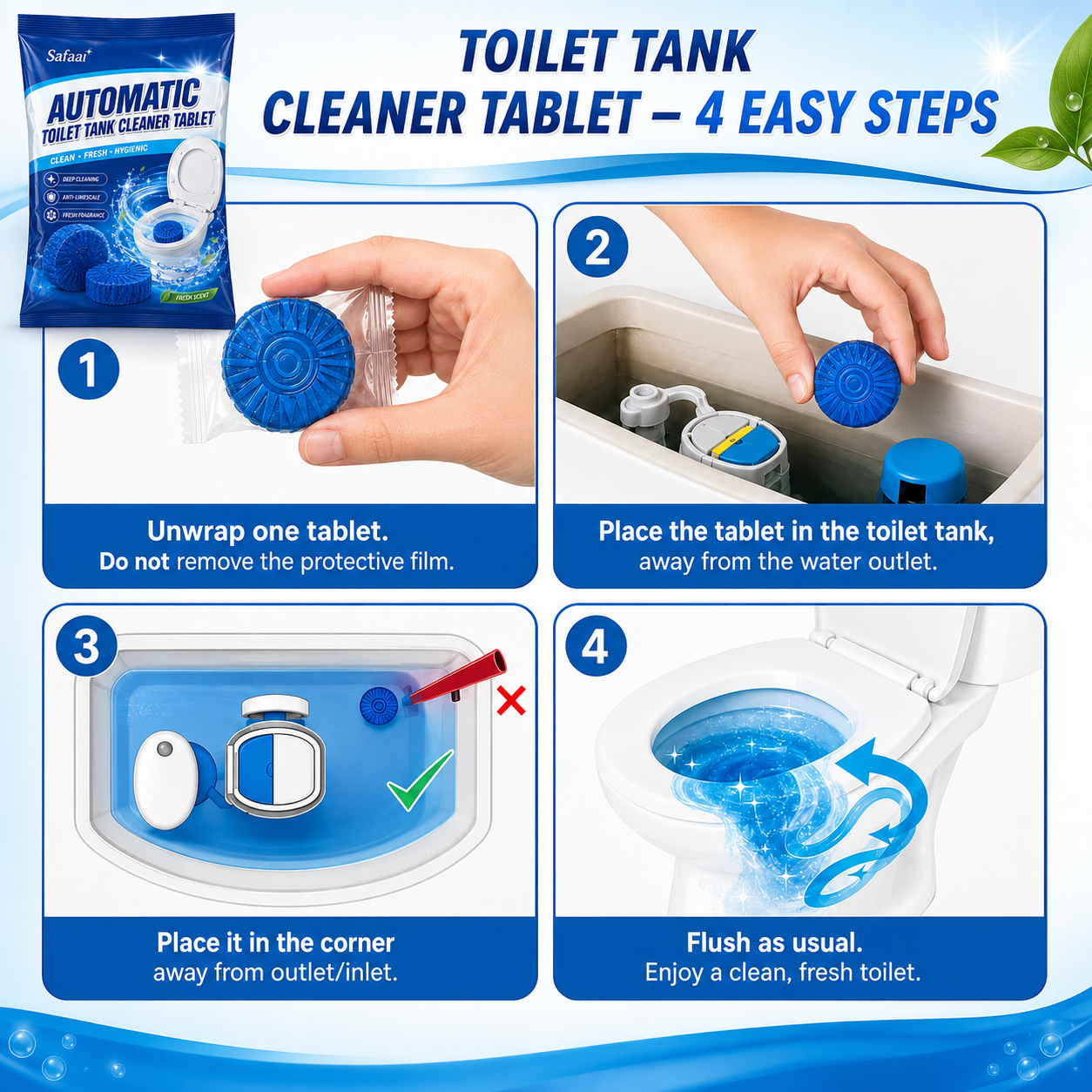 Safaai Automatic Toilet Cleaner Tablets (10 pcs) – Blue Bubble Fresh Cleaning