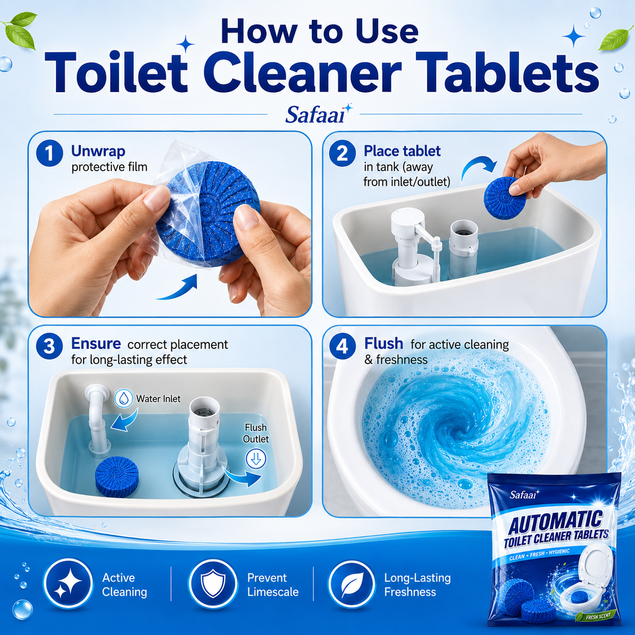 Safaai Automatic Toilet Cleaner Tablets (10 pcs) – Blue Bubble Fresh Cleaning