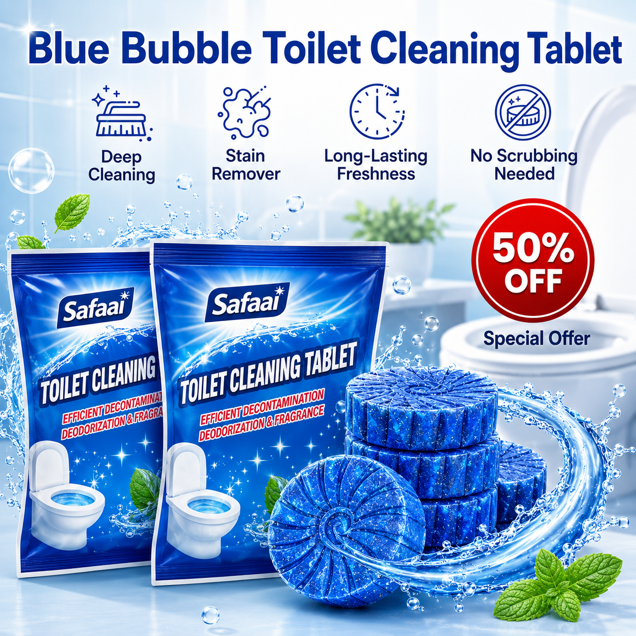 Safaai Automatic Toilet Cleaner Tablets (10 pcs) – Blue Bubble Fresh Cleaning