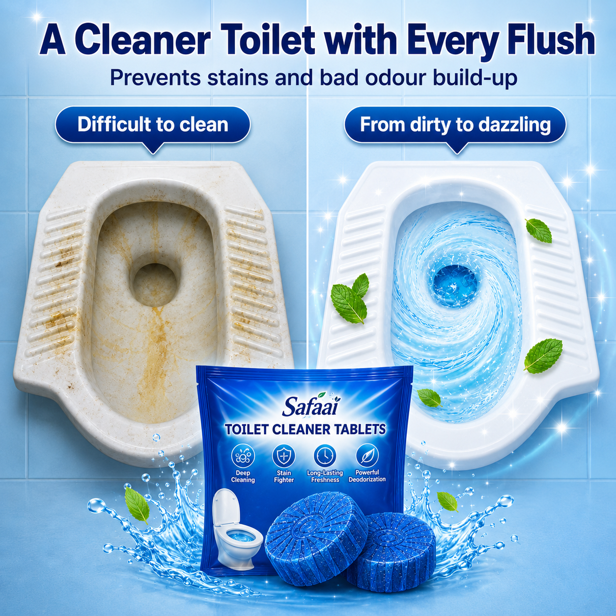 Safaai Automatic Toilet Cleaner Tablets (10 pcs) – Blue Bubble Fresh Cleaning