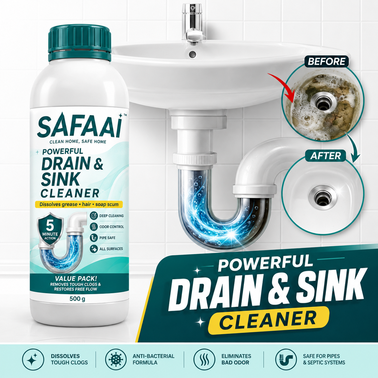 SAFAAI SANITIZO POWERFUL DRAIN & SINK CLEANER POWDER (PACK OF 4)