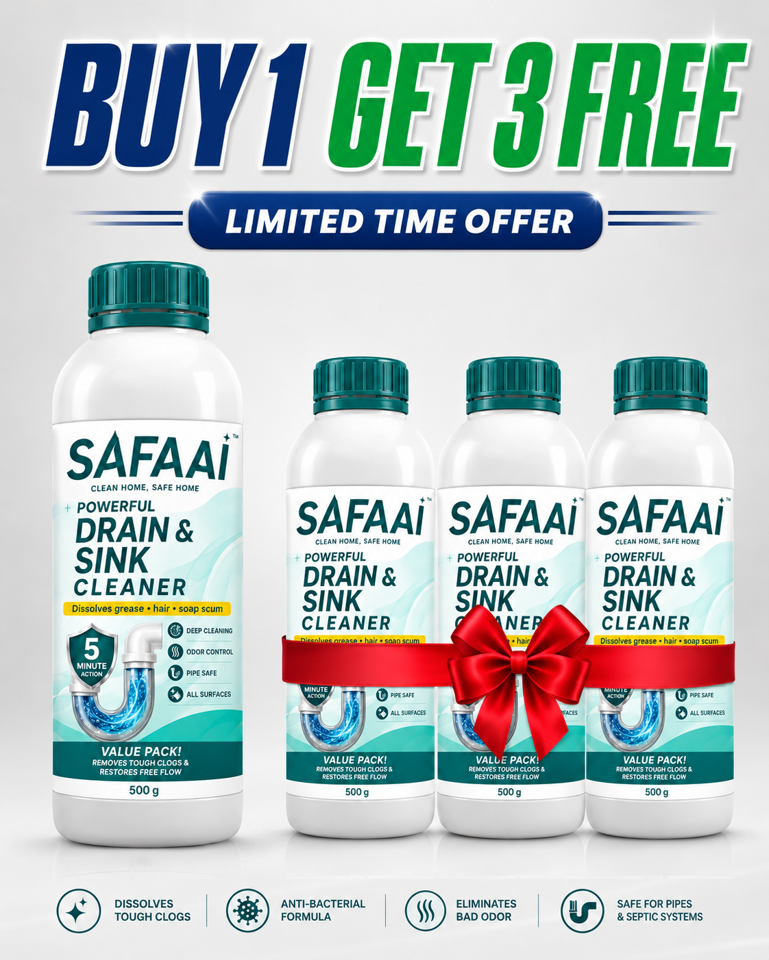 SAFAAI SANITIZO POWERFUL DRAIN & SINK CLEANER POWDER (PACK OF 4)