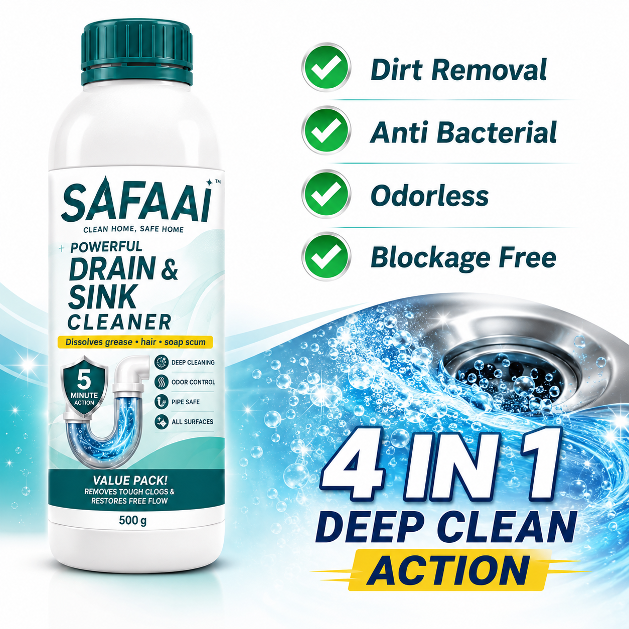 SAFAAI SANITIZO POWERFUL DRAIN & SINK CLEANER POWDER (PACK OF 4)